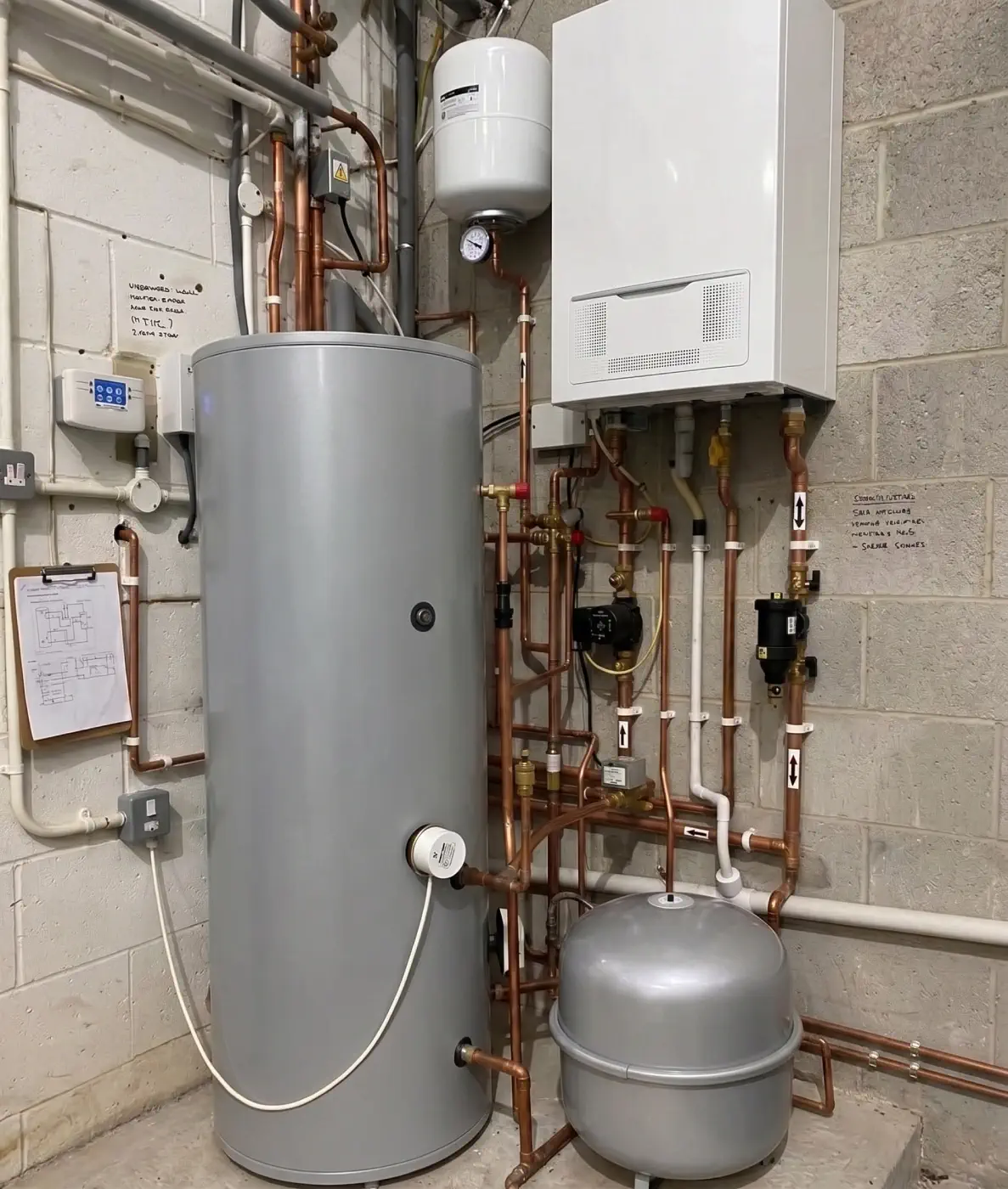System boiler and unvented cylinder in a plant cupboard in Send